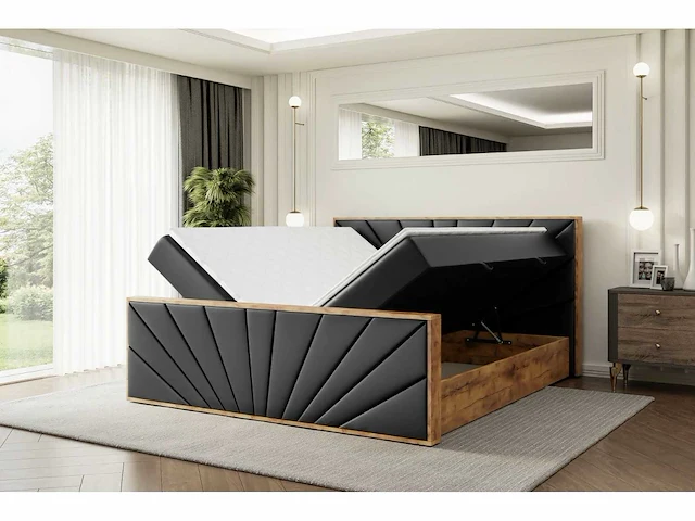 Box spring bed 180x200 - matras - matras topper - borst - pu zwart en hout - afbeelding 6 van  12