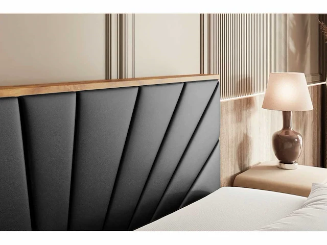 Box spring bed 180x200 - matras - matras topper - borst - pu zwart en hout - afbeelding 8 van  12