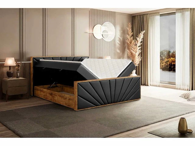 Box spring bed 180x200 - matras - matras topper - borst - pu zwart en hout - afbeelding 11 van  12