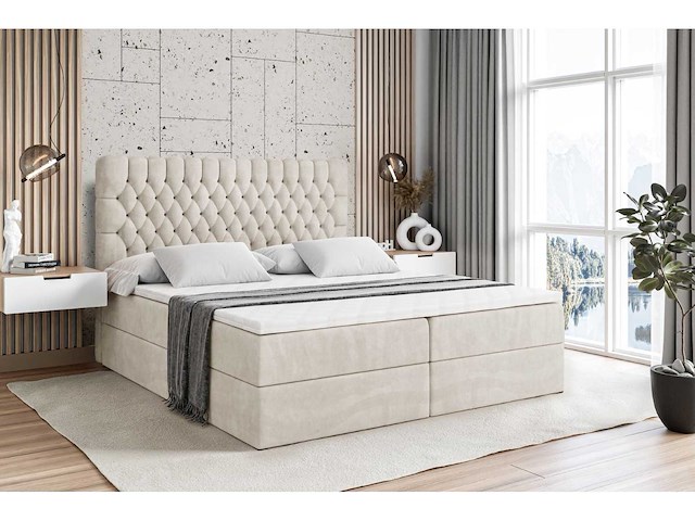 Box spring bed 180x200 - matras - matrastopper - borst - beige fluweel - afbeelding 4 van  11