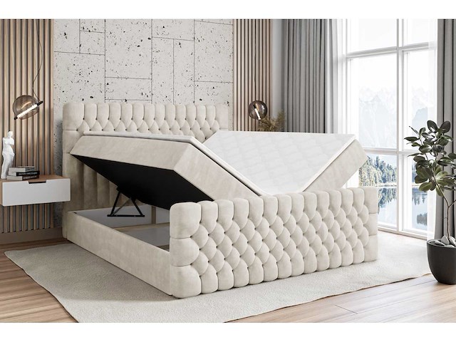 Box spring bed 180x200 - matras - matrastopper - borst - beige fluweel - afbeelding 4 van  8