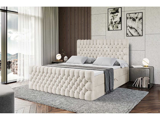 Box spring bed 180x200 - matras - matrastopper - borst - beige fluweel - afbeelding 5 van  8