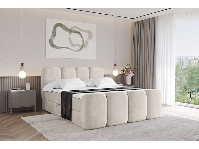 Box spring bed 180x200 - matras - matrastopper - borst - beige fluweel - afbeelding 8 van  11