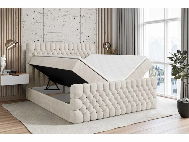 Box spring bed 180x200 - matras - matrastopper - borst - beige fluweel - afbeelding 5 van  10