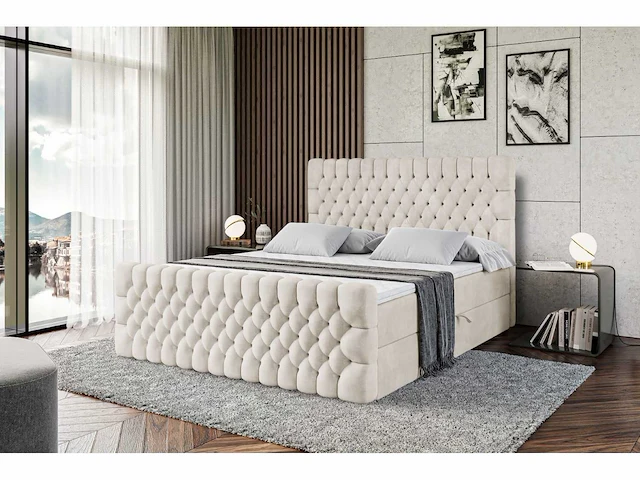 Box spring bed 180x200 - matras - matrastopper - borst - beige fluweel - afbeelding 6 van  10