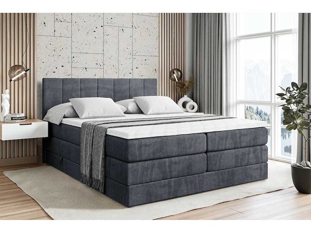 Box spring bed 180x200 cm - borst - matras - matras topper - donkergrijs fluweel - afbeelding 1 van  4