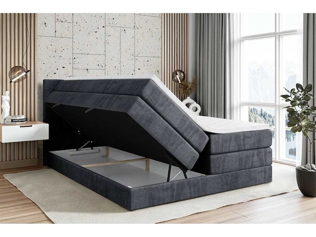 Box spring bed 180x200 cm - borst - matras - matras topper - donkergrijs fluweel - afbeelding 3 van  4