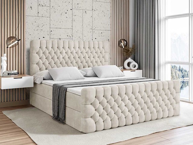 Box spring bed 200x200 cm - borst - matras - matrastopper - beige fluweel - afbeelding 1 van  8