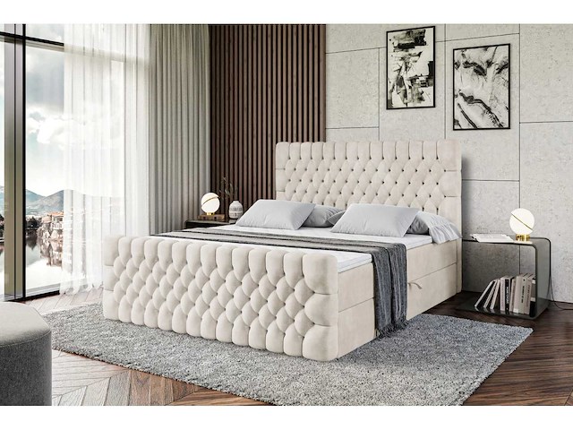 Box spring bed 200x200 cm - borst - matras - matrastopper - beige fluweel - afbeelding 6 van  8