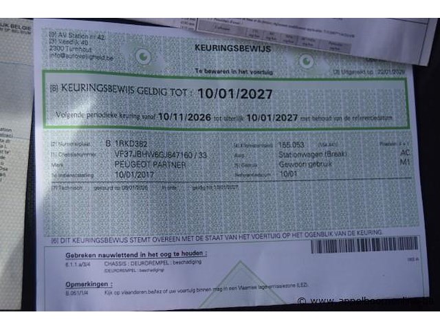 Break peugeot, partner tepee, vf37jbhw6gj847160, 1e insch 10/01/2017, 1560cm³, 55kw, diesel, euro 6b, 158565km, inschrijvingsbewijs deel i en ii, keuringsbewijs (geldig tot 10/01/2027), gelijkvormigheidsattest - afbeelding 8 van  19