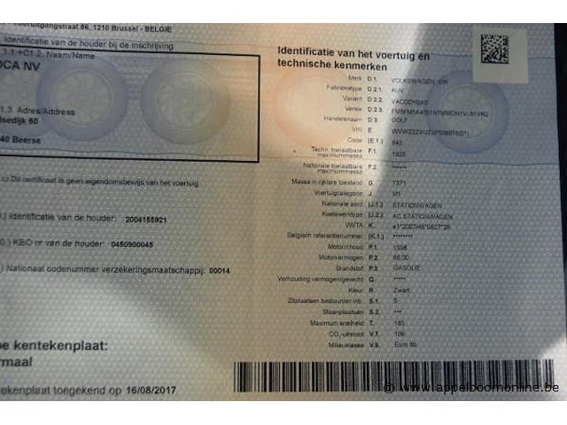 Break volkswagen, golf, wvwzzzauzjp508678, 1e insch 16/08/2017, 1598cm³, 66kw, diesel, euro 6b, 173285km, inschrijvingsbewijs deel i en ii, keuringsbewijs (geldig tot 16/08/2026), gelijkvormigheidsattest - afbeelding 9 van  19