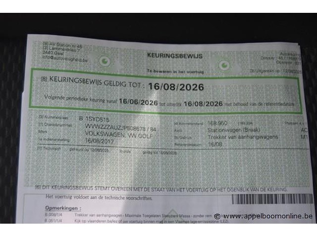 Break volkswagen, golf, wvwzzzauzjp508678, 1e insch 16/08/2017, 1598cm³, 66kw, diesel, euro 6b, 173285km, inschrijvingsbewijs deel i en ii, keuringsbewijs (geldig tot 16/08/2026), gelijkvormigheidsattest - afbeelding 11 van  19