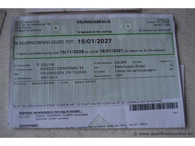 Break volkswagen, touran,wvgzzz1tzdw070345 , 1e insch 15/01/2014, 1598cm³, 77kw, diesel, euro 5, 236093km, inschrijvingsbewijs deel i en ii, keuringsbewijs (geldig tot 15/01/2027), gelijkvormigheidsattest - afbeelding 20 van  21