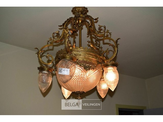 Bronzen kroonluchter met geetse glazen - afbeelding 1 van  3