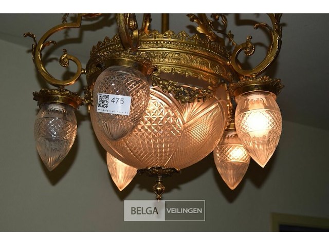 Bronzen kroonluchter met geetse glazen - afbeelding 2 van  3