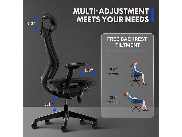 Bs12 lite ergonomische bureaustoel, met flexibele hoofdsteun - afbeelding 3 van  8