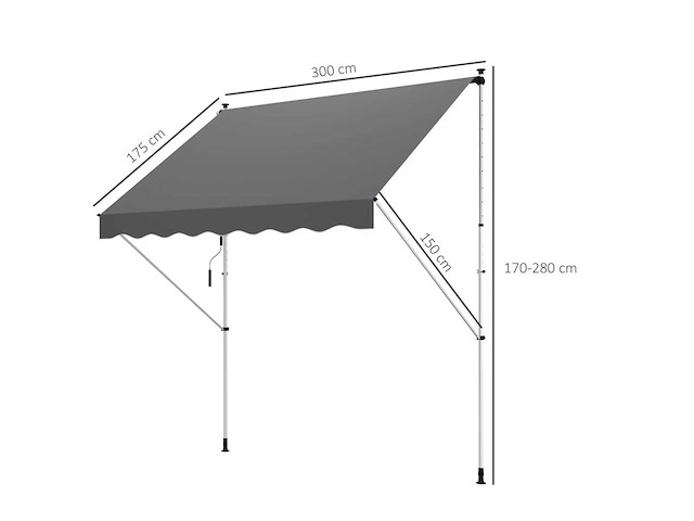 Buitenluifel met scharnierende arm en klem, zonbescherming, krukas, balkon, aluminium, 3 x 1,5 m, grijs - afbeelding 4 van  9
