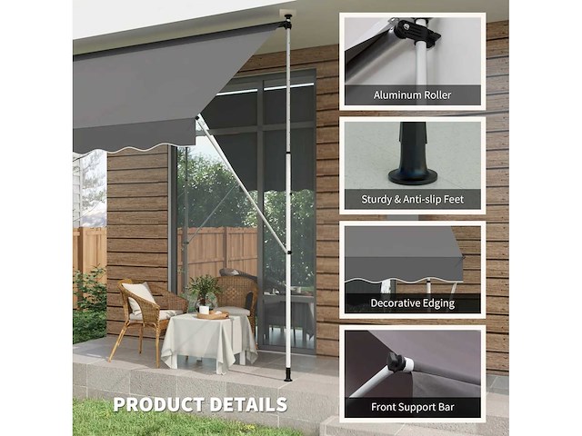 Buitenluifel met scharnierende arm en klem, zonbescherming, krukas, balkon, aluminium, 3 x 1,5 m, grijs - afbeelding 6 van  9