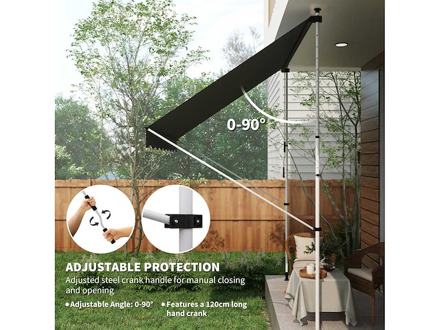 Buitenluifel met scharnierende arm en klem, zonbescherming, krukas, balkon, aluminium, 3 x 1,5 m, grijs - afbeelding 7 van  9