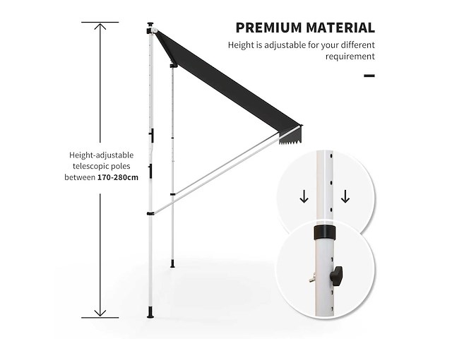 Buitenluifel met scharnierende arm en klem, zonbescherming, krukas, balkon, aluminium, 3 x 1,5 m, grijs - afbeelding 8 van  9
