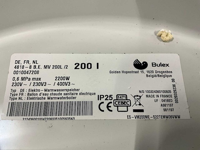 Bulex 4818-8 b.e. mv 200l verticale elektrische warmwaterboiler - afbeelding 7 van  7