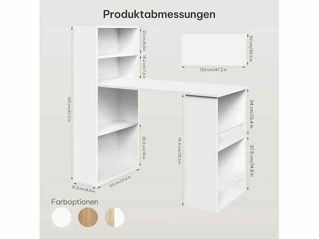 Bureau met planken aan beide zijden en opbergruimte, 120x55 cm, wit - afbeelding 2 van  3