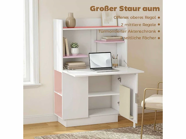 Bureau met uitklapbaar bovenblad, computerbureau met planken en kast - afbeelding 5 van  8