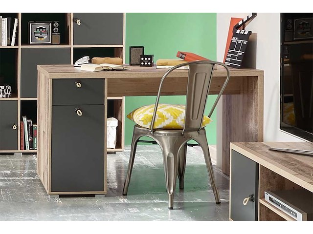 Bureau moleskin 130 cm met 1 deur & 1 lade - antraciet/old style - afbeelding 1 van  7