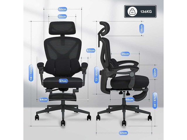 Bureaustoel, 3d hoofdsteun, ergonomische draaibare meshstoel - afbeelding 4 van  9