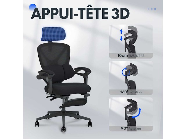 Bureaustoel, 3d hoofdsteun, ergonomische draaibare meshstoel - afbeelding 7 van  11