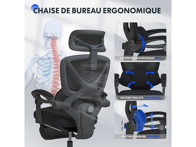 Bureaustoel, 3d hoofdsteun, ergonomische draaibare meshstoel - afbeelding 9 van  11