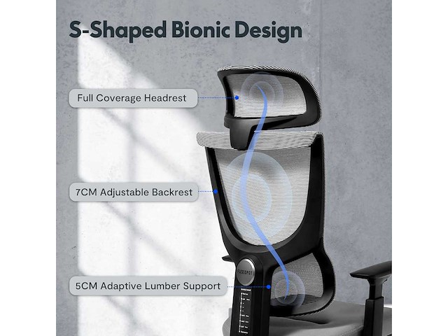 Bureaustoel ergonomische stoel compacte rugsteun 120° vergrendeling 360° rotatie (grijs) - afbeelding 3 van  7