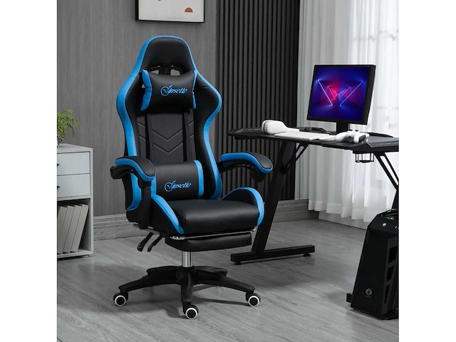 Bureaustoel, gamingstoel, 1 hoofdsteun, 1 lendensteun, blauw + zwart - afbeelding 1 van  6