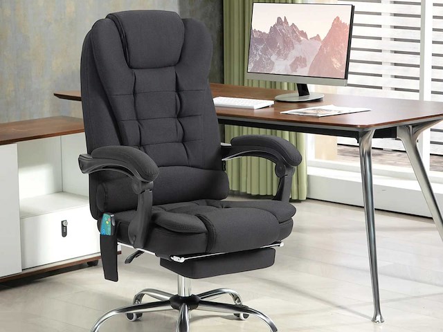 Bureaustoel met verwarmde massage met verstelbare hoogte achterleuning in zwart linnen canvas - afbeelding 1 van  11