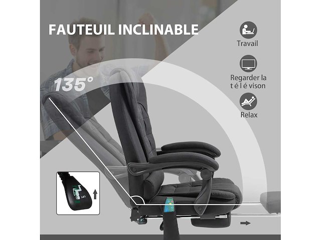 Bureaustoel met verwarmde massage met verstelbare hoogte achterleuning in zwart linnen canvas - afbeelding 8 van  11