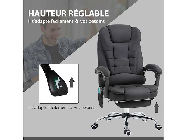 Bureaustoel met verwarmde massage met verstelbare hoogte achterleuning in zwart linnen canvas - afbeelding 9 van  11