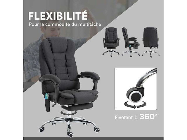 Bureaustoel met verwarmde massage met verstelbare hoogte achterleuning in zwart linnen canvas - afbeelding 10 van  11