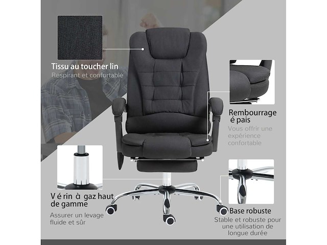 Bureaustoel met verwarmde massage met verstelbare hoogte achterleuning in zwart linnen canvas - afbeelding 11 van  11