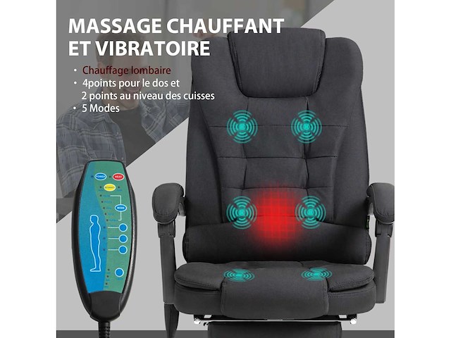 Bureaustoel met verwarmde massage met verstelbare hoogte achterleuning in zwart linnen canvas - afbeelding 6 van  10