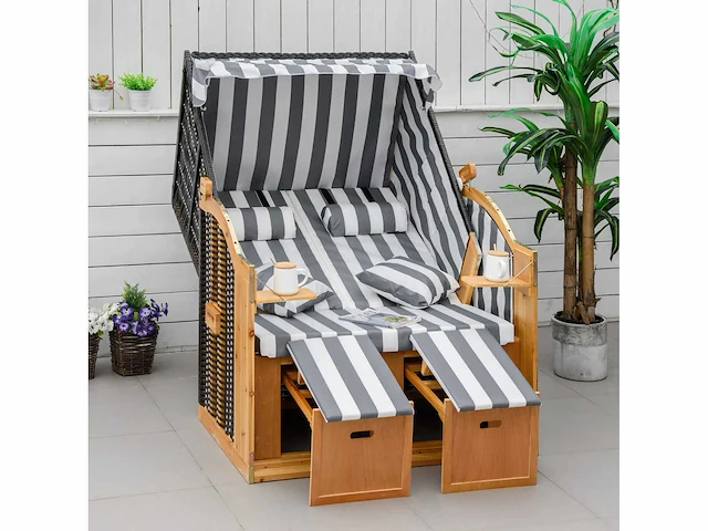 Cabin reclining strandstoel - strandkorb beach shelter - kussens, voetsteunen, planken, zonnekleppen, natuur + grijs + wit - afbeelding 1 van  8