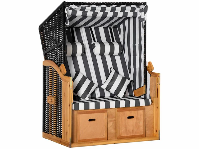Cabin reclining strandstoel - strandkorb beach shelter - kussens, voetsteunen, planken, zonnekleppen, natuur + grijs + wit - afbeelding 6 van  8