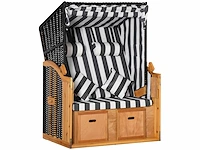 Cabin reclining strandstoel - strandkorb beach shelter - kussens, voetsteunen, planken, zonnekleppen, natuur + grijs + wit - afbeelding 6 van  8