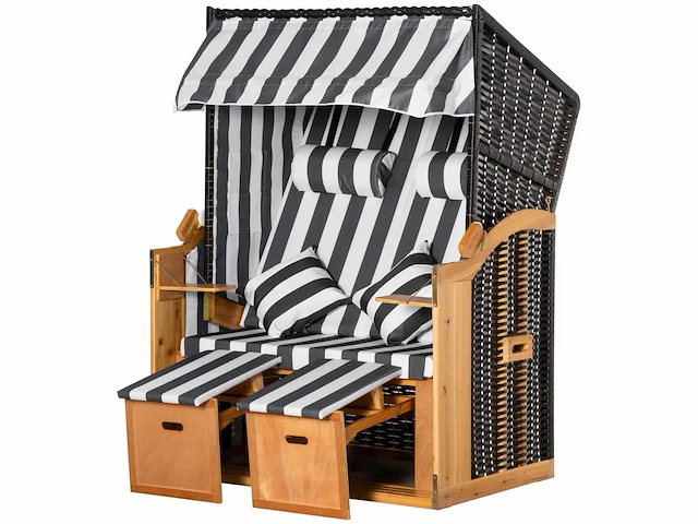 Cabin reclining strandstoel - strandkorb beach shelter - kussens, voetsteunen, planken, zonnekleppen, natuur + grijs + wit - afbeelding 7 van  8