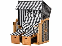 Cabin reclining strandstoel - strandkorb beach shelter - kussens, voetsteunen, planken, zonnekleppen, natuur + grijs + wit - afbeelding 7 van  8