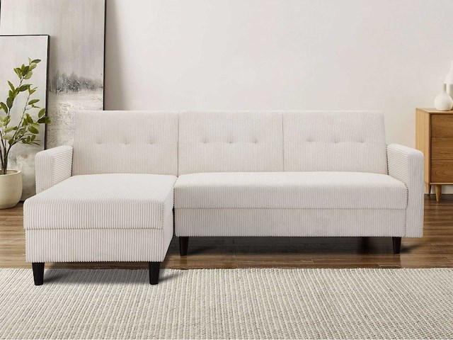 Cabriolet- en omkeerbare hoekbank - crèmekleurige stof met koord - afbeelding 1 van  14