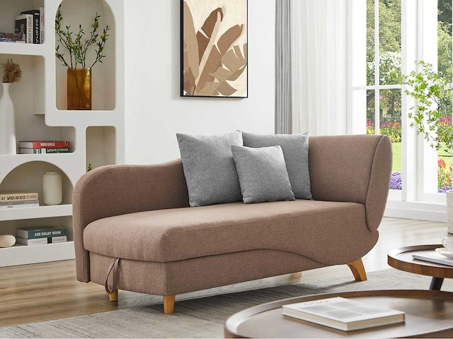 Cabriolet linker chaise longue in bruine stof met opbergdoos - afbeelding 1 van  10