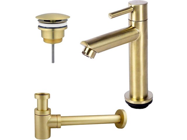 Calvi fonteinkraanset - staande fonteinkraan - laag - always open plug - design sifon - geborsteld messing pvd (goud) - afbeelding 1 van  1