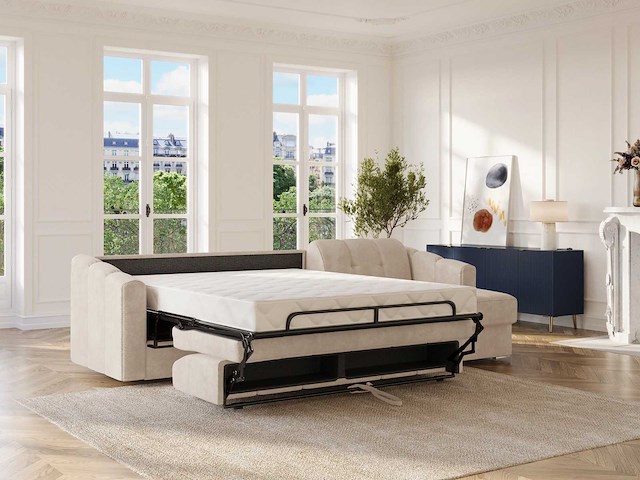 Canapé d'angle convertible et réversible express en tissu texturé beige - couchage 140 cm - matelas 22 cm avec mémoire de forme - afbeelding 1 van  12