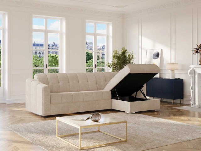 Canapé d'angle convertible et réversible express en tissu texturé beige - couchage 140 cm - matelas 22 cm avec mémoire de forme - afbeelding 6 van  12
