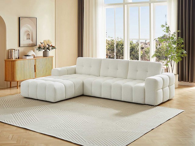 Canapé d'angle gauche en tissu bouclette blanc - afbeelding 1 van  8